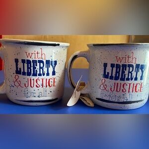 2 Boston Warehouse White Speckled Ceramic Mugs with Blue and Red Lettering